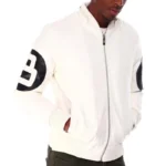 White Men's Eight Ball Hooded Bomber Leather Jacket
