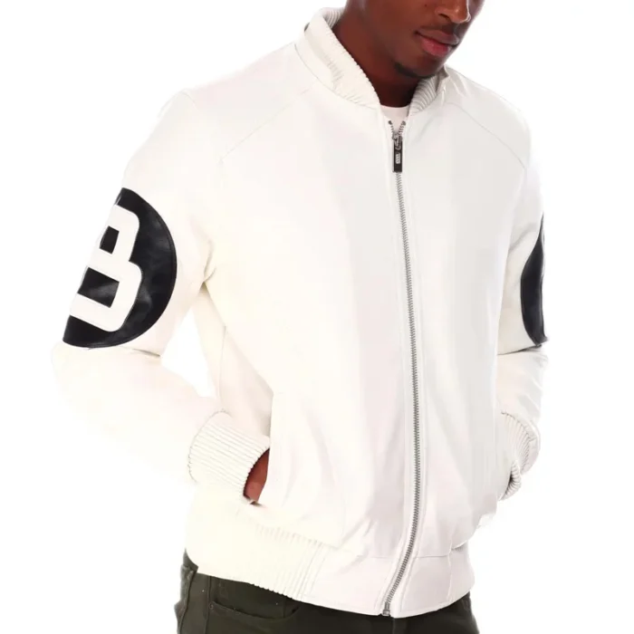 White Men's Eight Ball Hooded Bomber Leather Jacket