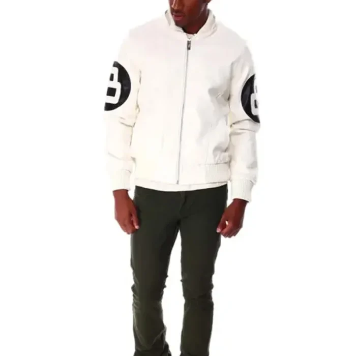 White Men's Eight Ball Hooded Real Leather Jacket