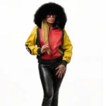 Women's 8 Ball Color Block Red & Yellow Fox Fur Hood Real Leather Jacket
