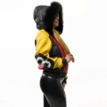 Women's 8 Ball Color Block Red and Yellow Fox Fur Hood Real Leather Jacket