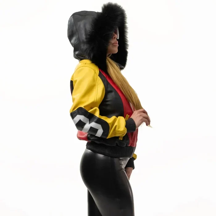 Women's 8 Ball Color Block Red and Yellow Fox Fur Hood Real Leather Jacket