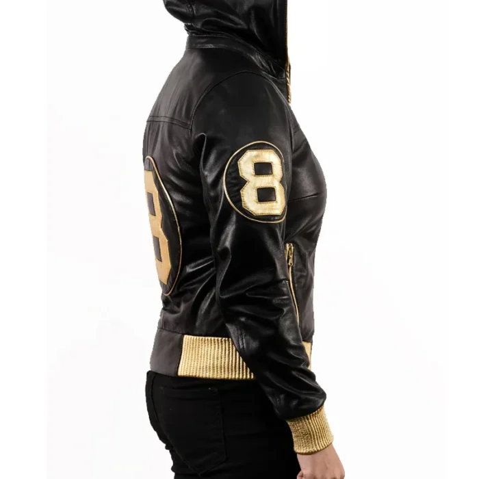 Women's 8 Ball David Puddy Inspired Black & Golden Bomber Real Leather Jacket