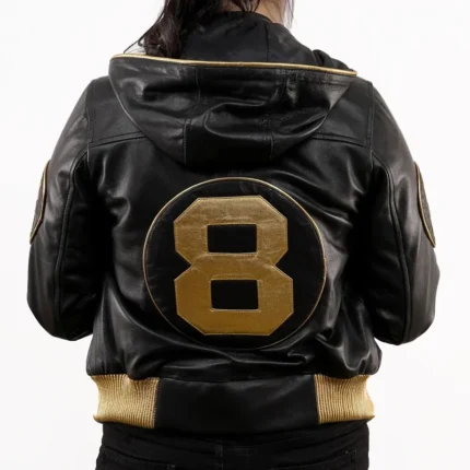 Women's 8 Ball David Puddy Inspired Black & Golden Bomber Real Leather Jacket with Hood Collar 