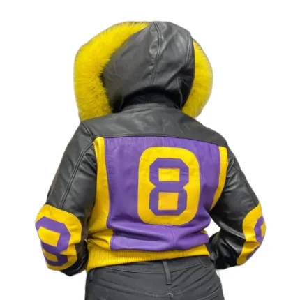 Women's 8 Ball Purple & Black Fox Fur Hood Real Leather Jacket