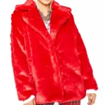 Women's 8 Ball Red Fluffy Logo Print Racked Up Faux Fur Jacket