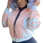 Women's 8 Ball Sandy Pink & White Fox Fur Hood Full Grain Leather Jacket