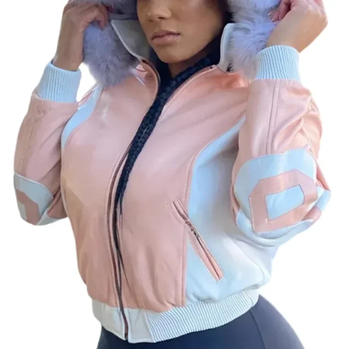 Women's 8 Ball Sandy Pink & White Fox Fur Hood Full Grain Leather Jacket