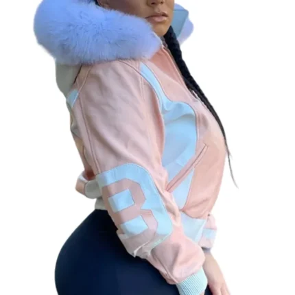 Women's 8 Ball Sandy Pink & White Fox Fur Hood Real Leather Jacket