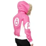 Women's 8 Ball Shearling Pink Bomber Fur Hood Polyester Jacket