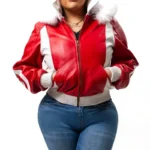 Women's 90s Eight Ball Red Fox Fur Hood Leather Jacket