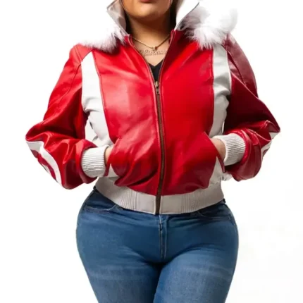 Women's 90s Eight Ball Red Fox Fur Hood Leather Jacket