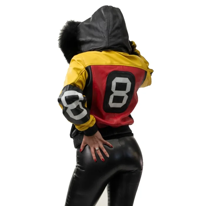 Women's Eight Ball Color Block Fox Fur Hood Genuine Leather Jacket