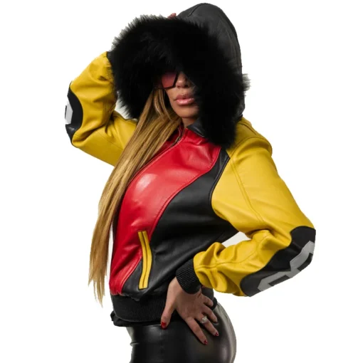 Women's Eight Ball Color Block Fox Fur Hood Real Leather Jacket