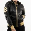 Women's Eight Ball David Puddy Inspired Black Bomber Hooded Collar Real Leather Jacket