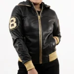 Women's Eight Ball David Puddy Inspired Black Bomber Hooded Collar Real Leather Jacket