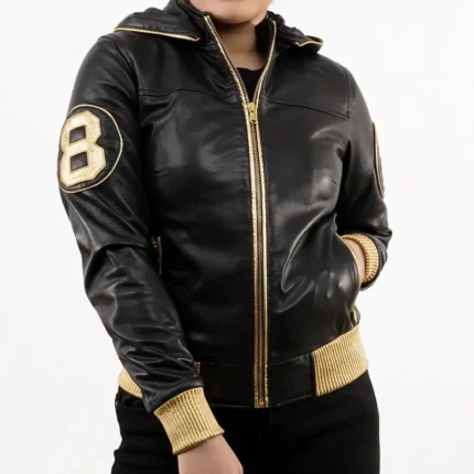 Women's Eight Ball David Puddy Inspired Black Bomber Hooded Collar Real Leather Jacket