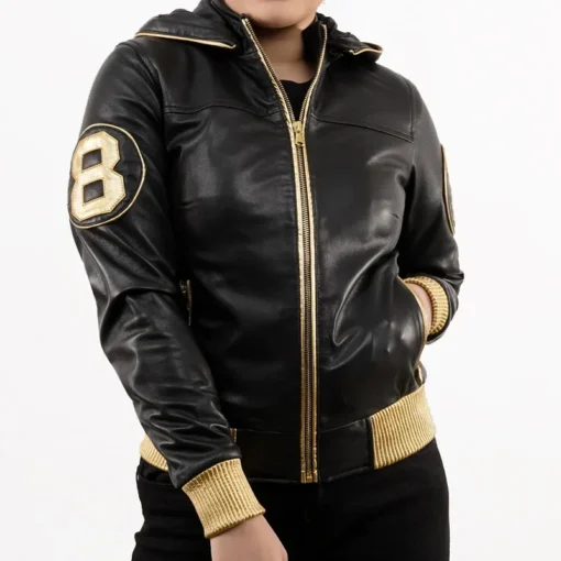 Women's Eight Ball David Puddy Inspired Black Bomber Hooded Collar Real Leather Jacket