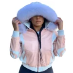 Women's Eight Ball Dusty Rose Fox Fur Hood Real Leather Jacket