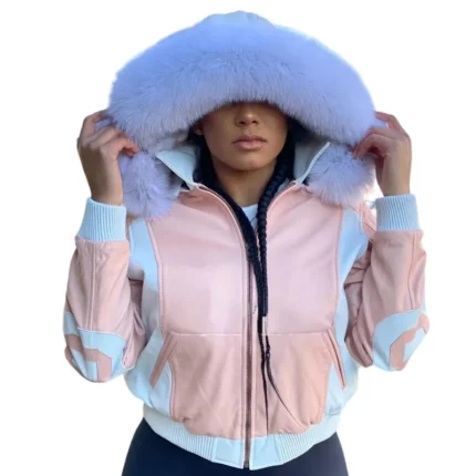 Women's Eight Ball Dusty Rose Fox Fur Hood Real Leather Jacket