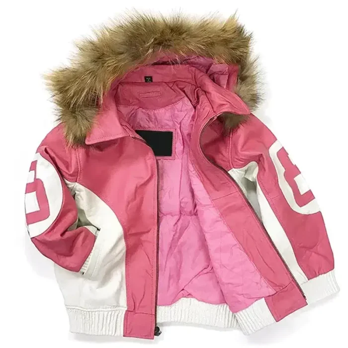 Women's Eight Ball Pool Shearling Pink Bomber Hooded Polyester Jacket