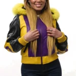 Women's Eight Ball Purple Fox Tri Color Hood Real Leather Jacket
