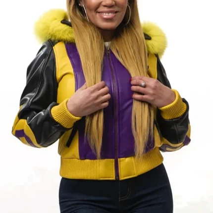 Women's Eight Ball Purple Fox Tri Color Hood Real Leather Jacket