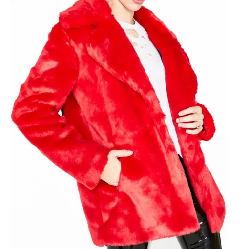 Women's Eight Ball Red Fluffy Logo Print Racked Up Faux Fur Jacket