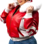 Women's Eight Ball Red Fox Fur Hood Real Leather Jacket