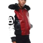 Women's Eight Ball Robert Phillipe Red Bomber Fur Hooded Genuine Leather Jacket